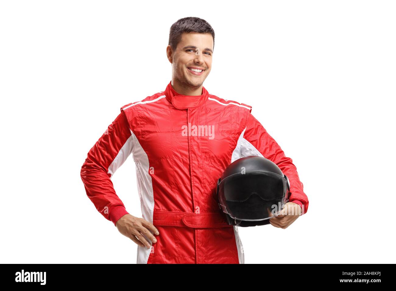 Male racer standing and holding a helmet isolated on white background ...
