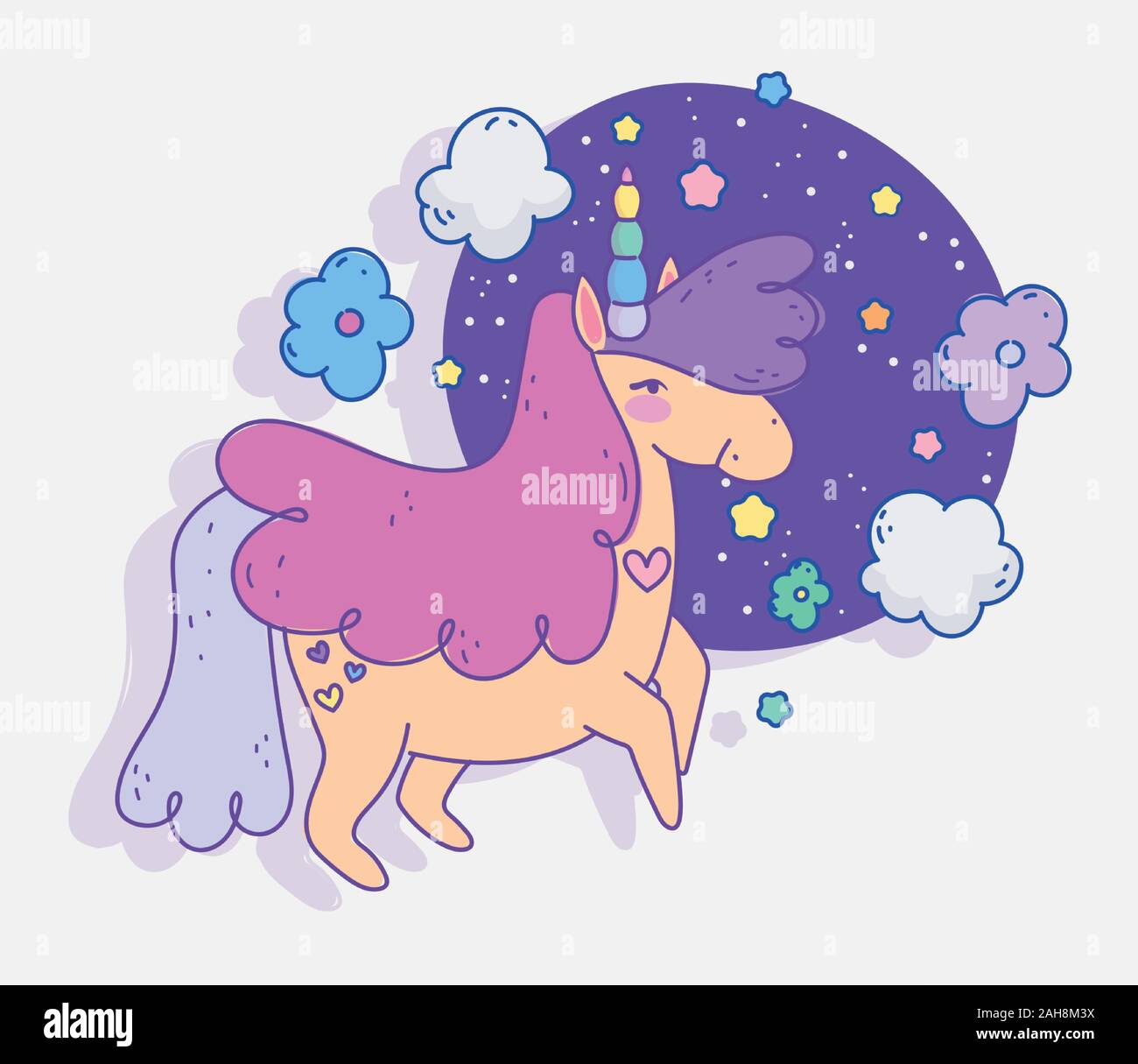unicorn flowers clouds stars fantasy magic cartoon decoration vector ...