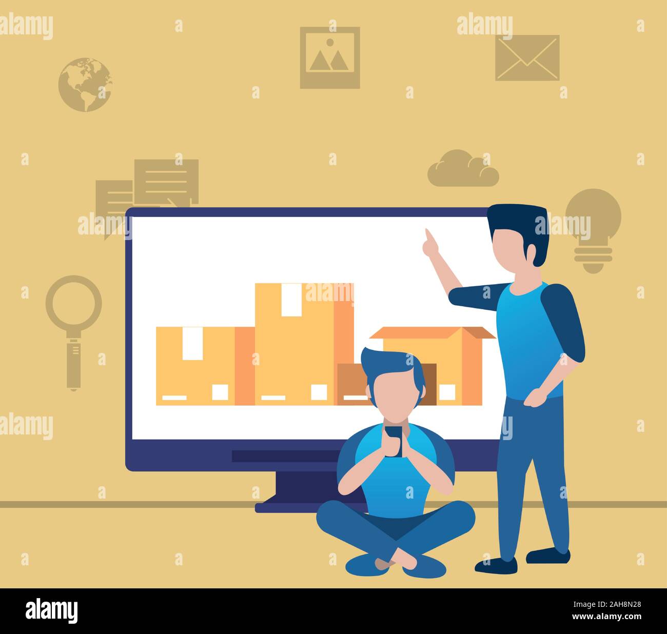 young men using smartphone and desktop with social media icons Stock ...
