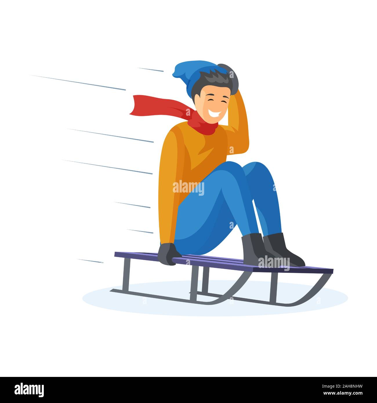 Happy boy sledding flat vector illustration. Teenage kid riding on sleigh, sliding downhill, having fun outdoors in winter. Smiling teenager sledging cartoon character isolated on white background Stock Vector