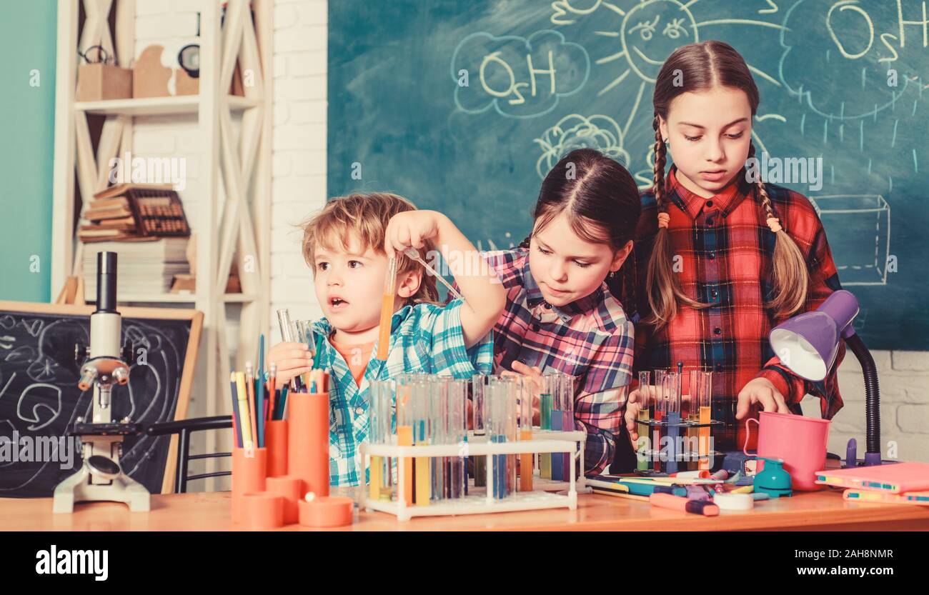 School chemistry laboratory. back to school. Science and education. chemistry lab. happy children. Laboratory Research - Scientific project For Chemical test. With chemistry, we can. Stock Photo