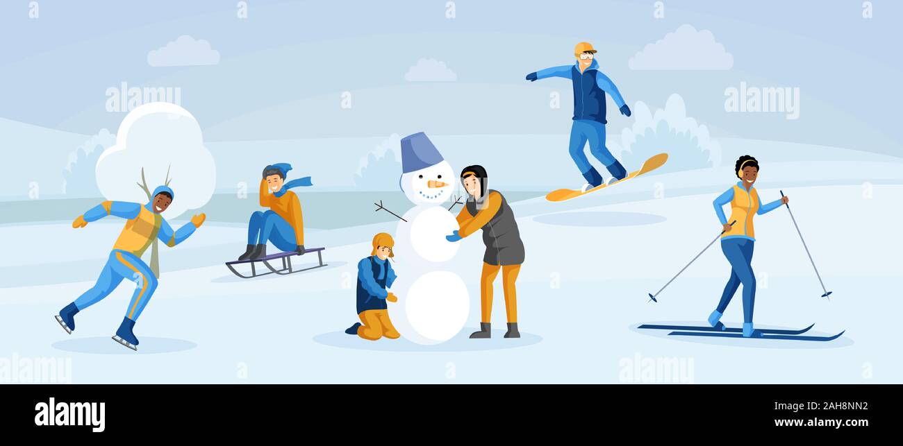 People having winter fun flat illustration. Kids making snowman together, sledding, people snowboarding, skating and skiing. Young spending time outdoors, enjoying snow activities cartoon characters Stock Vector