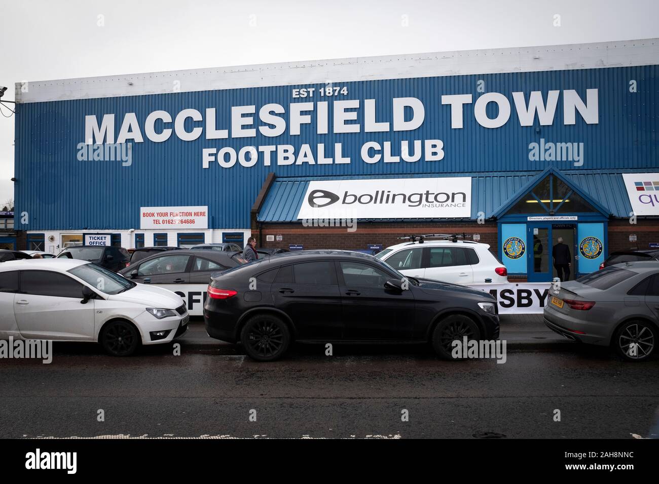 An exterior view of the ground before Macclesfield Town played Grimsby Town in a SkyBet League 2 fixture at Moss Rose. The home club had suffered problems in the run up to this fixture with the EFL deducting points after they failed to pay staff and they had a game postponed. This match ended in a 1-1 draw, watched by a crowd of 1,991. Stock Photo