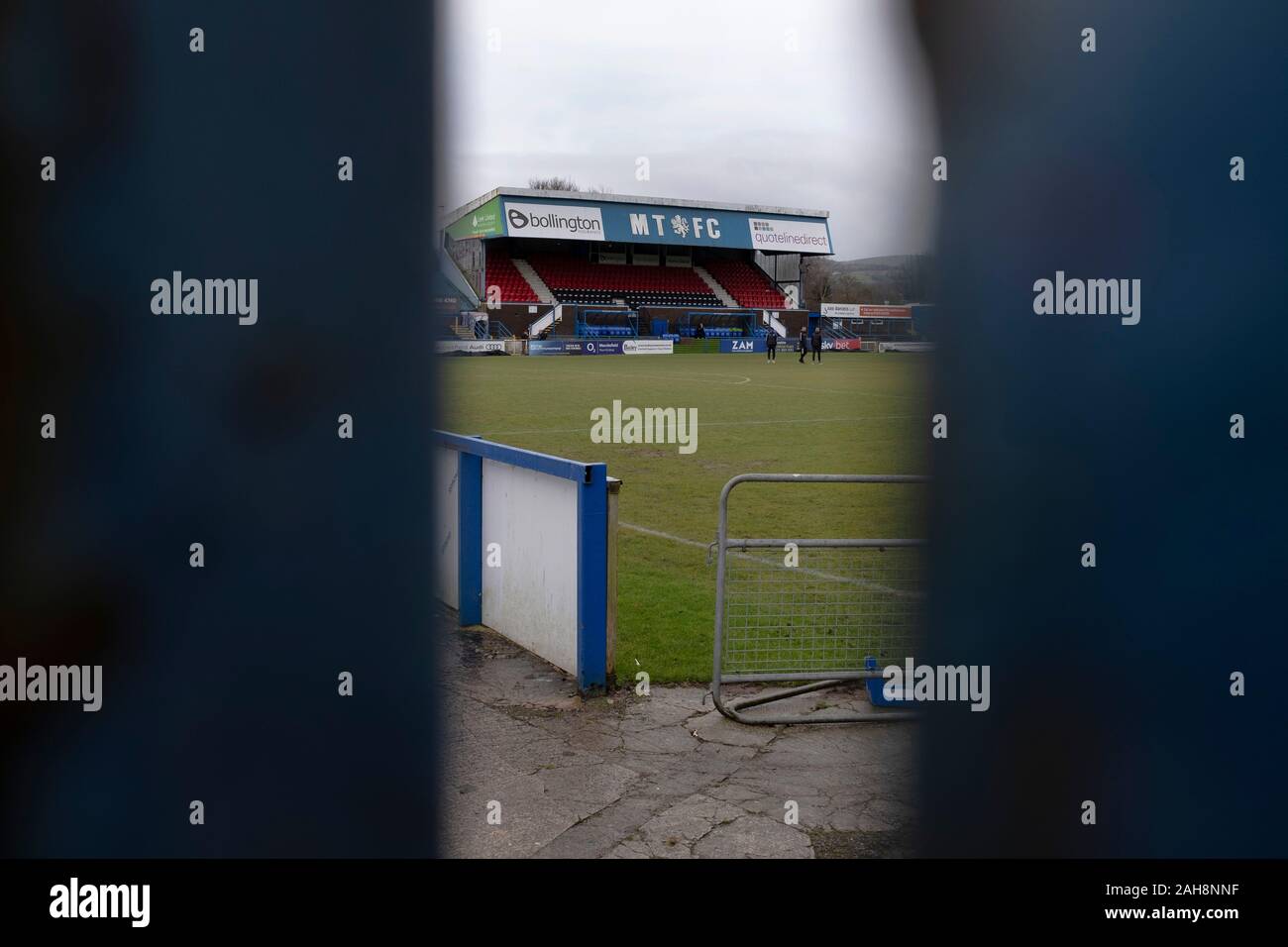 An interior view of the ground before Macclesfield Town played Grimsby Town in a SkyBet League 2 fixture at Moss Rose. The home club had suffered problems in the run up to this fixture with the EFL deducting points after they failed to pay staff and they had a game postponed. This match ended in a 1-1 draw, watched by a crowd of 1,991. Stock Photo