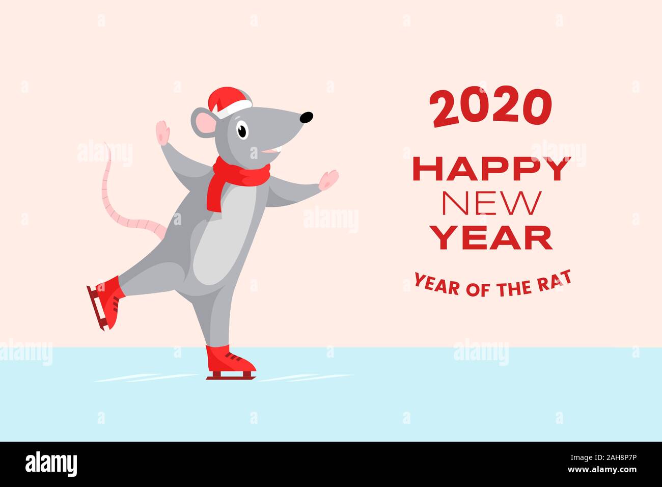 2020 happy New Year banner template. Greeting card design with cute rat skating on rink and red typographic inscription. Winter holiday postcard, horizontal poster layout with adorable mouse Stock Vector