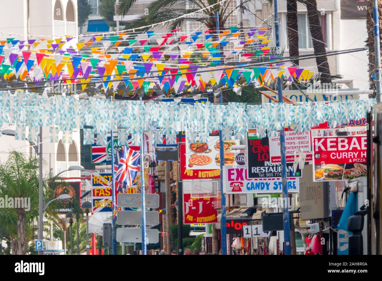 Benidorm, Spain, street view of british bars and signage in the new