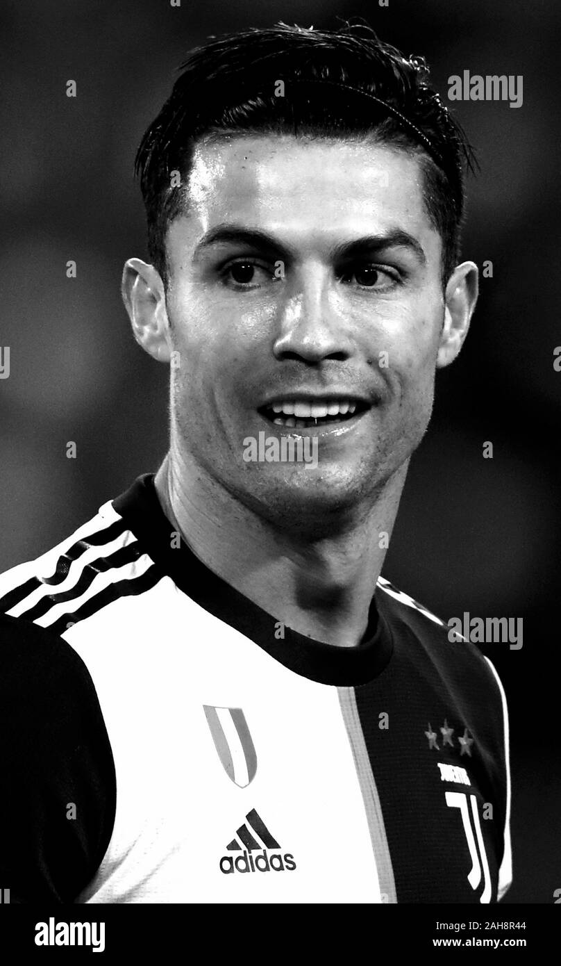 TURIN, ITALY - November 26, 2019:  Cristiano Ronaldo smiles during the UEFA Champions League 2019/2020 JUVENTUS v ATLETICO de MADRID at Allianz Stadiu Stock Photo