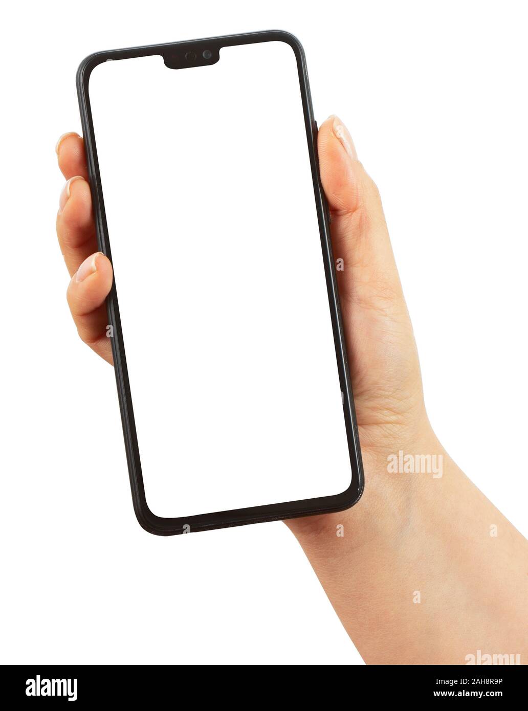 Hand holding black Smartphone with blank screen on white background ...