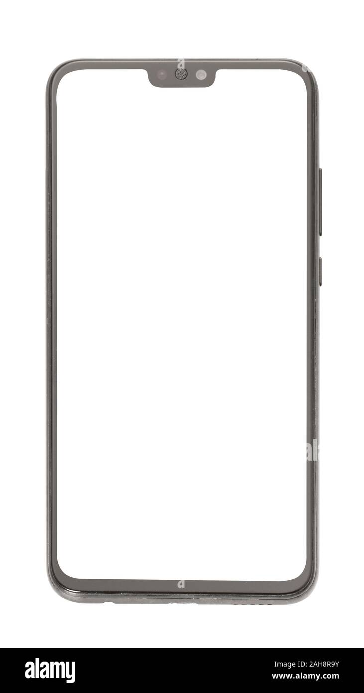 White smartphone with white blank screen on isolated white background ...