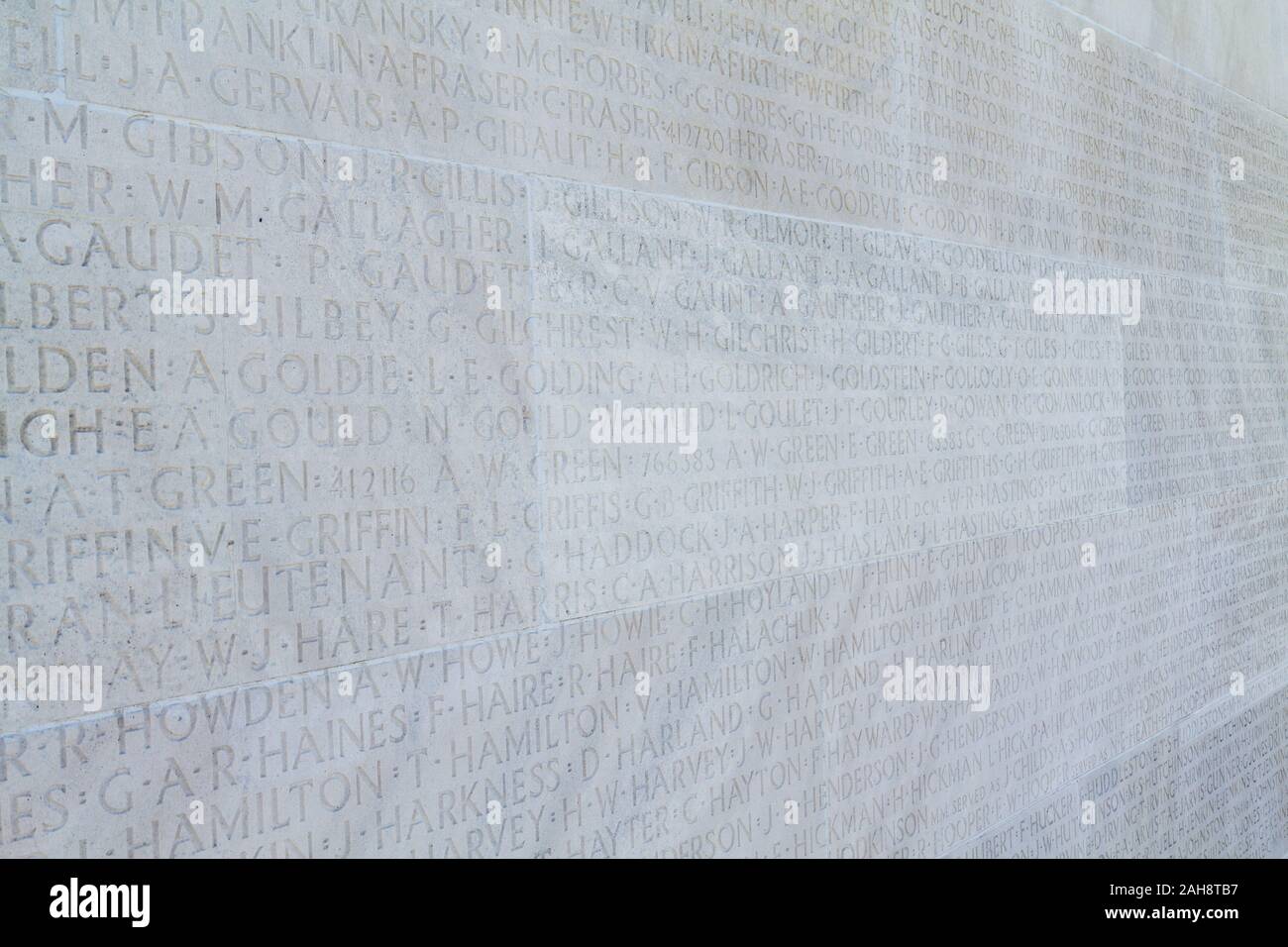 Names of the soldiers fallen in WW I. Canadian National Vimy Memorial (First World War Memorial) on the Vimy Ridge near the town of Arras. Stock Photo