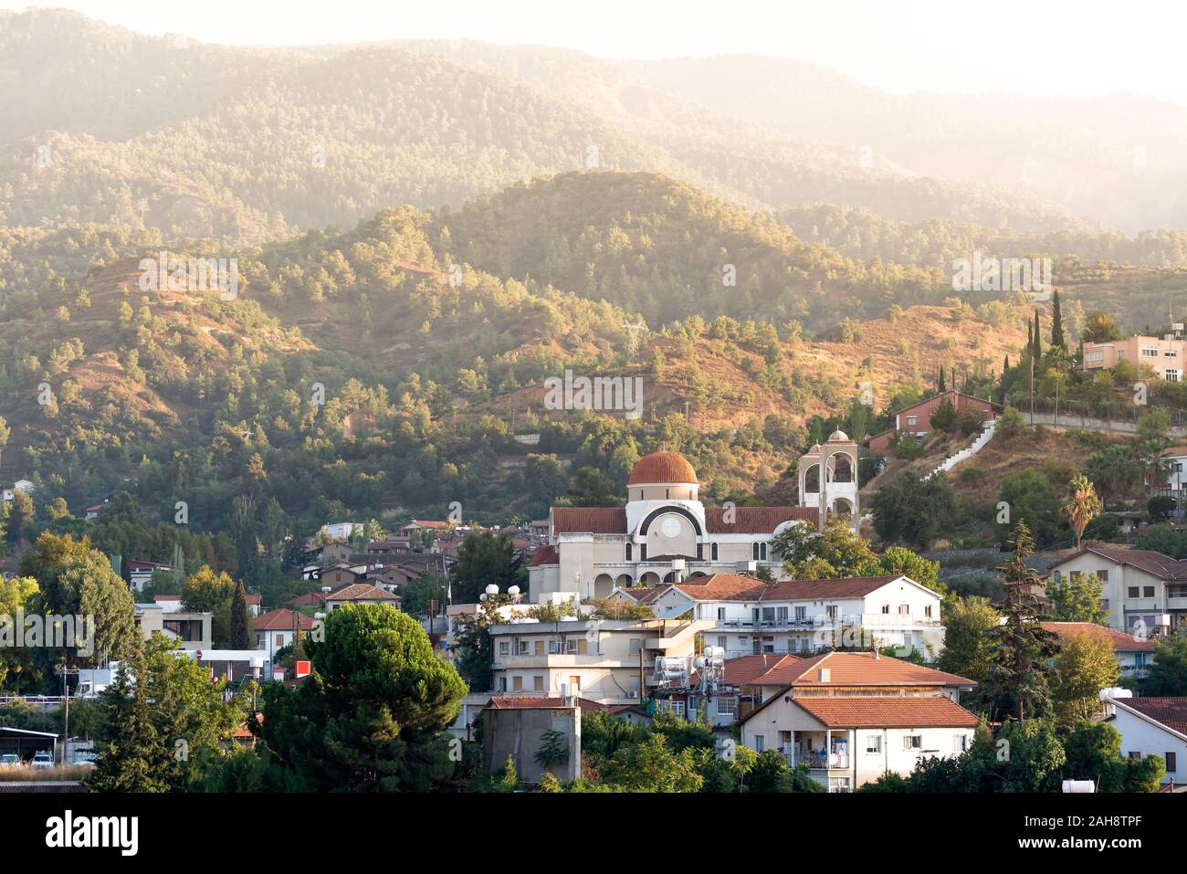 The church and village of Kakopetria in the Solea Valley. Troodos, Nicosia District, Cyprus Stock Photo