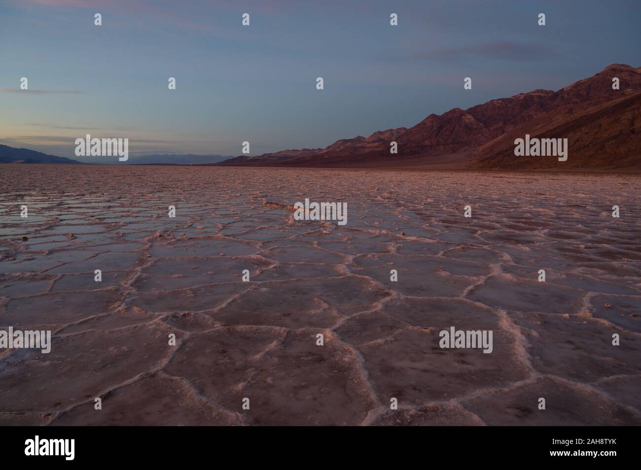 Sunset over Badwater Basin in the Death Valley National Park with in California on 14 Dec 2019 Stock Photo