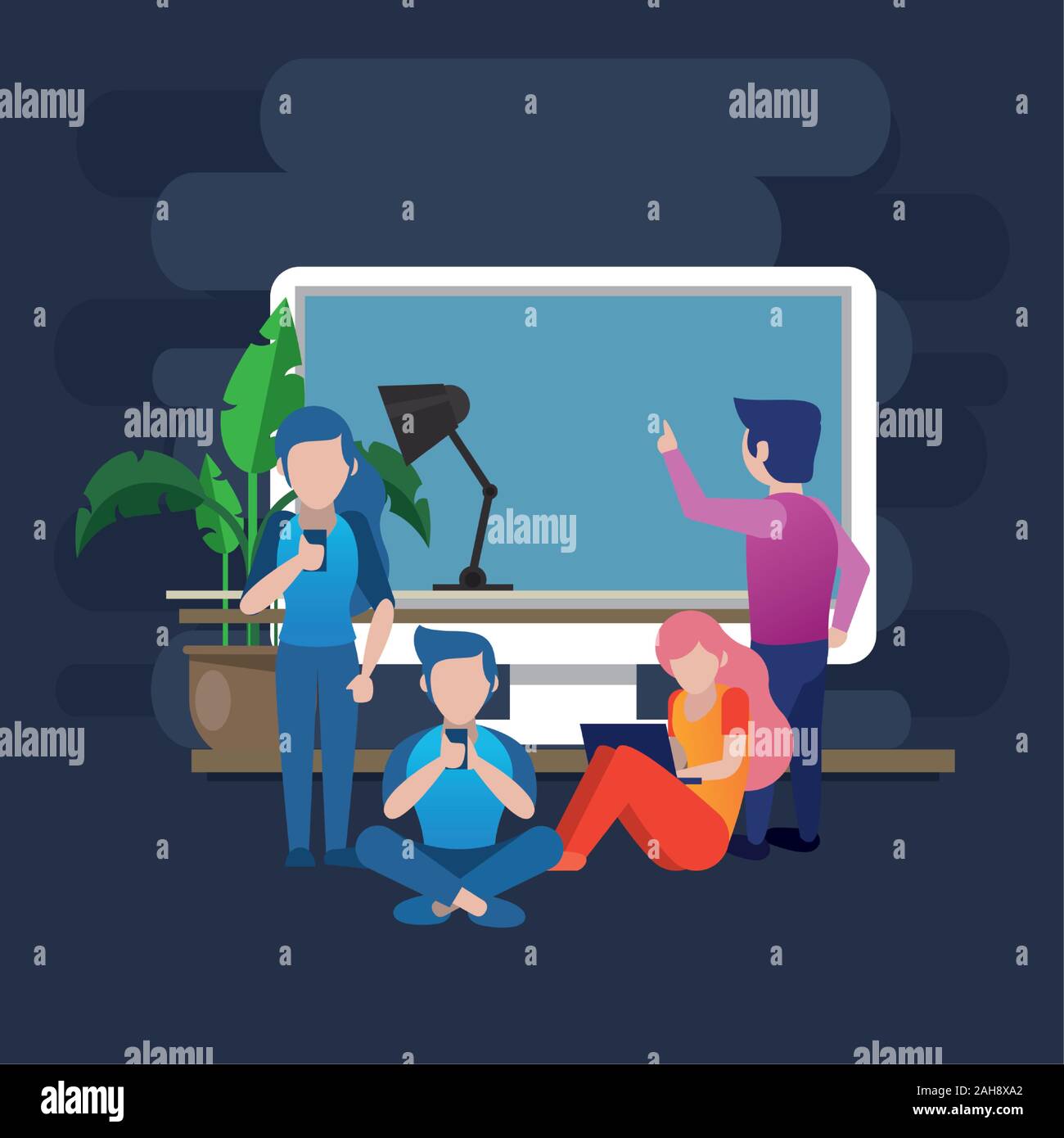young people using smartphone and laptop characters Stock Vector Image ...