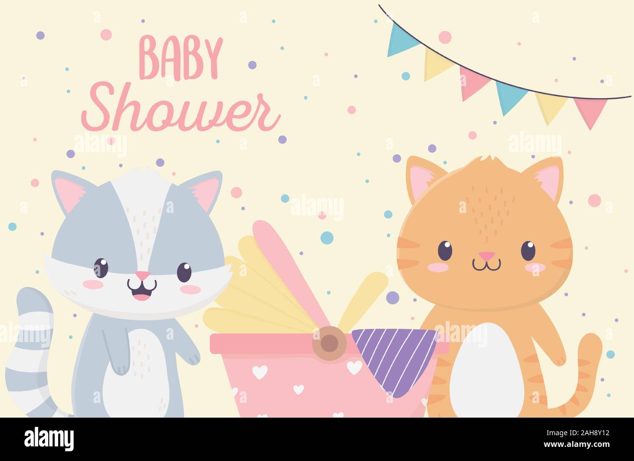 baby shower cute little raccoon and cat with pram greeting card vector ...