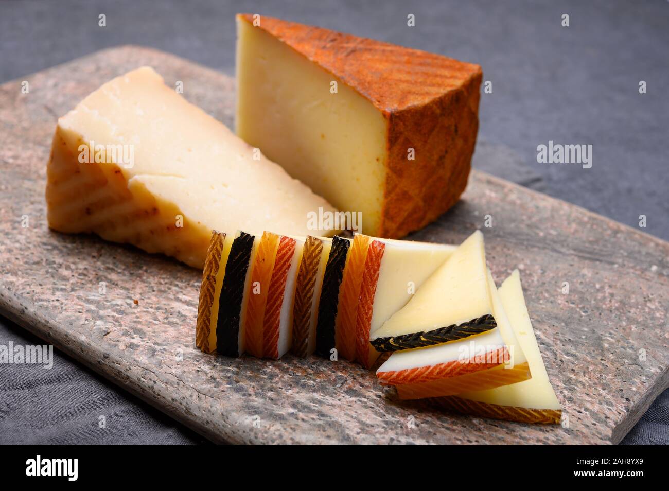 Cheese collection, variety of Spanish hard manchego cheese made from cow and goat milk Stock