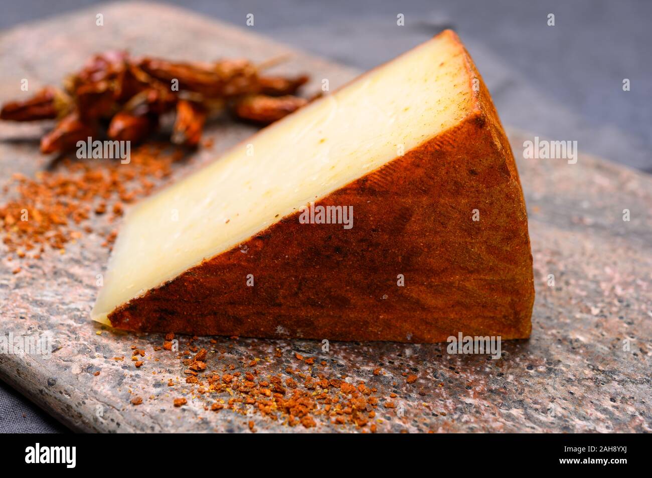 Cheese collection, piece of Spanish manchego cheese made from cow milk with red paprika close up