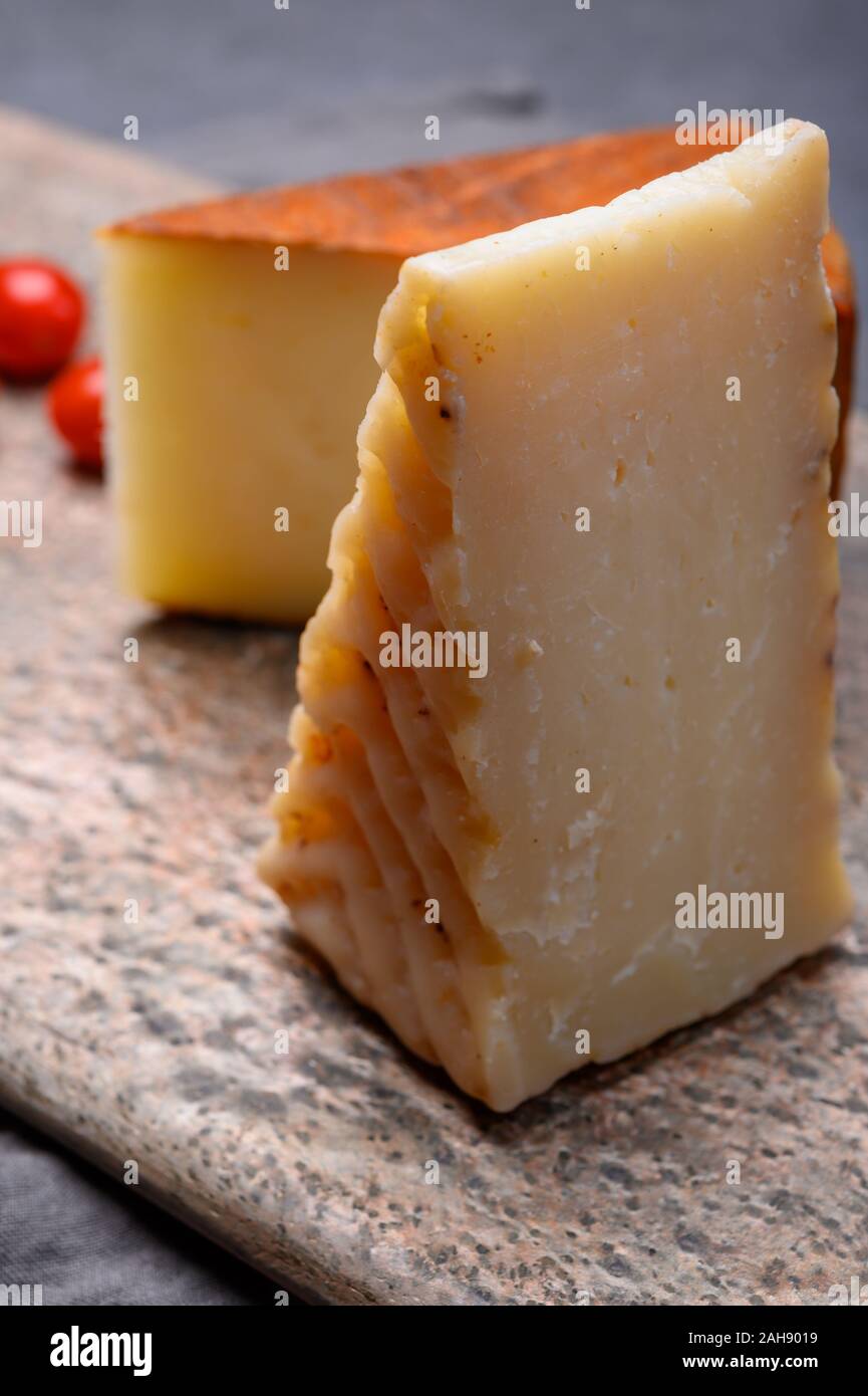 Cheese collection, variety of Spanish hard manchego cheese made from cow and goat milk Stock
