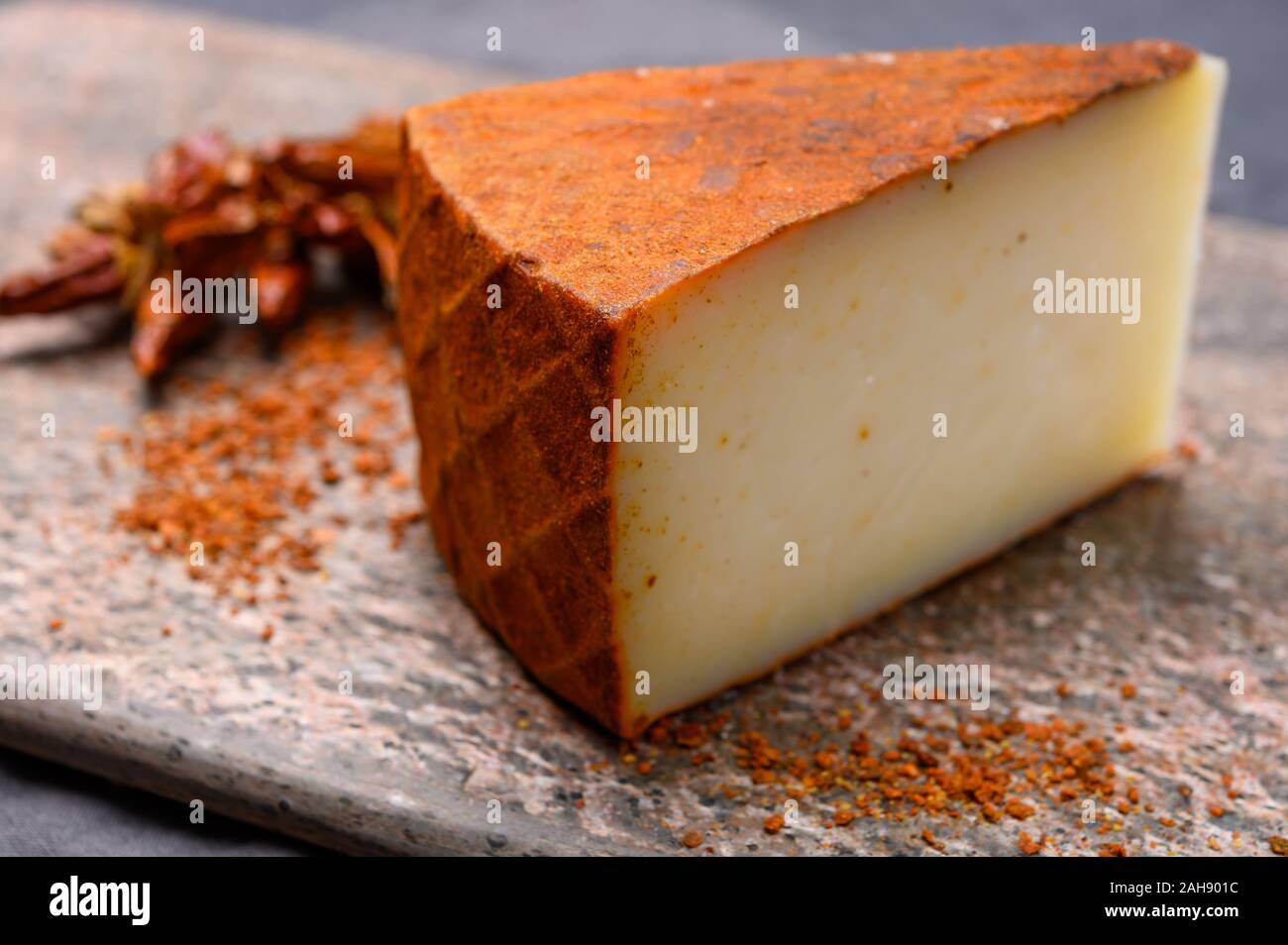 Cheese collection, piece of Spanish manchego cheese made from cow milk with red paprika close up
