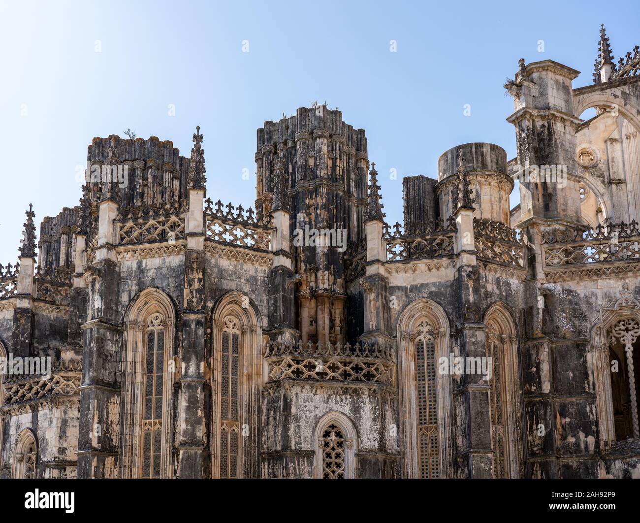Exterior of the gothic stone structure of the unfinished section of Batalha Monastery near Leiria in Portugal Stock Photo
