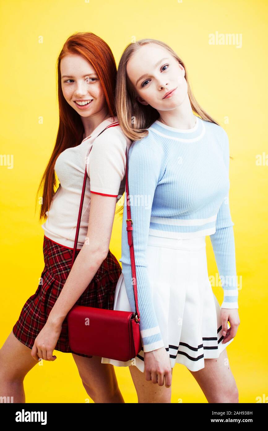 lifestyle people concept: two pretty young school teenage girls having ...