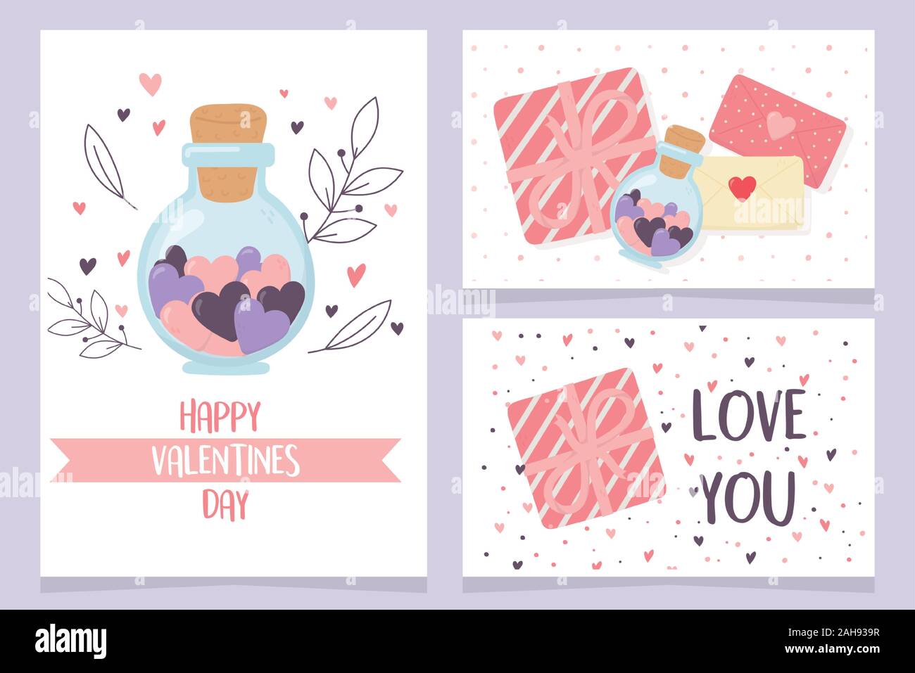 happy valentines day, love hearts romantic gift message cards vector ...
