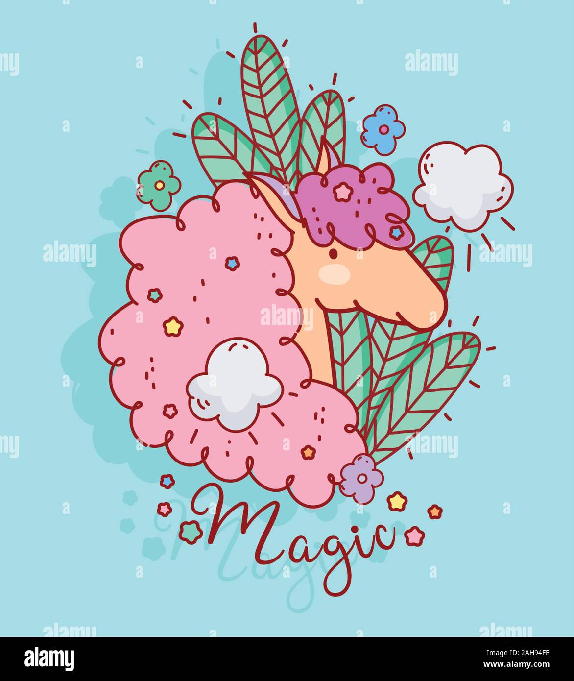sweet unicorn flowers leaves clouds fantasy magic cartoon vector ...