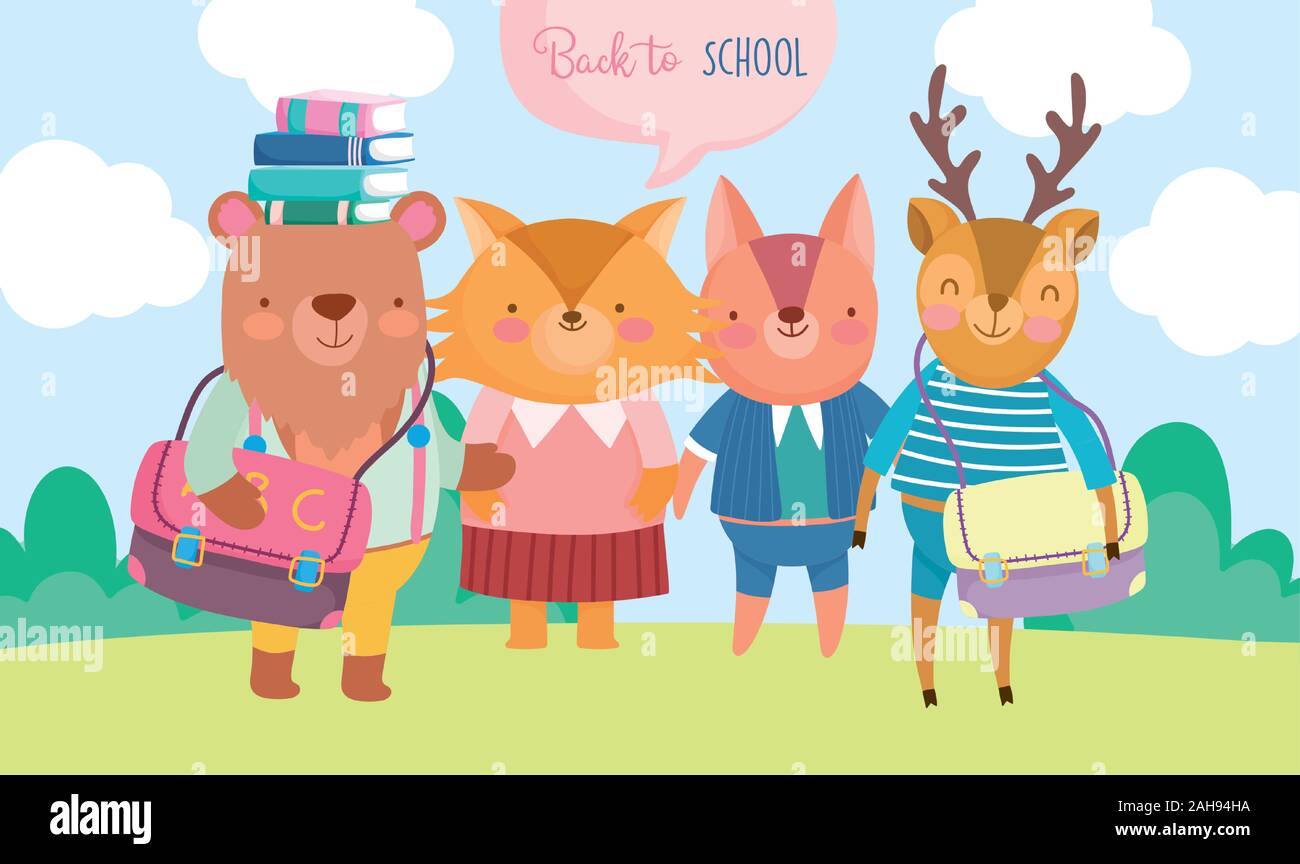 back to school cute animals with books and backpack education vector ...