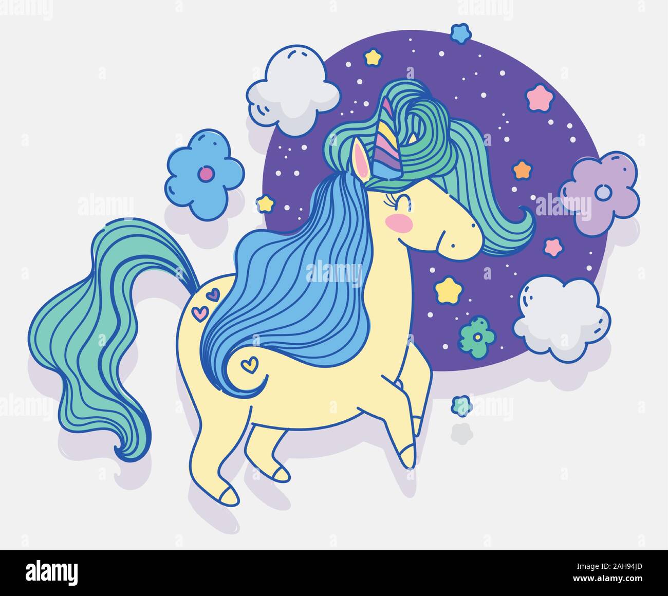 unicorn flowers clouds stars fantasy magic cartoon vector illustration ...