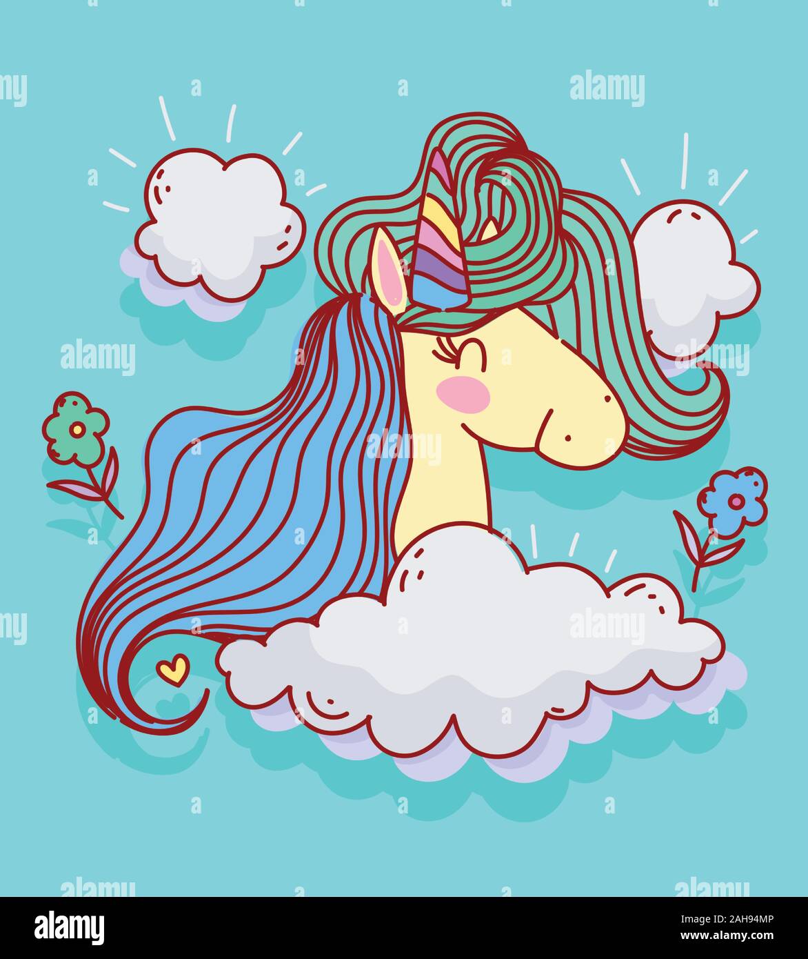 unicorn flowers sky clouds fantasy magic cartoon vector illustration ...