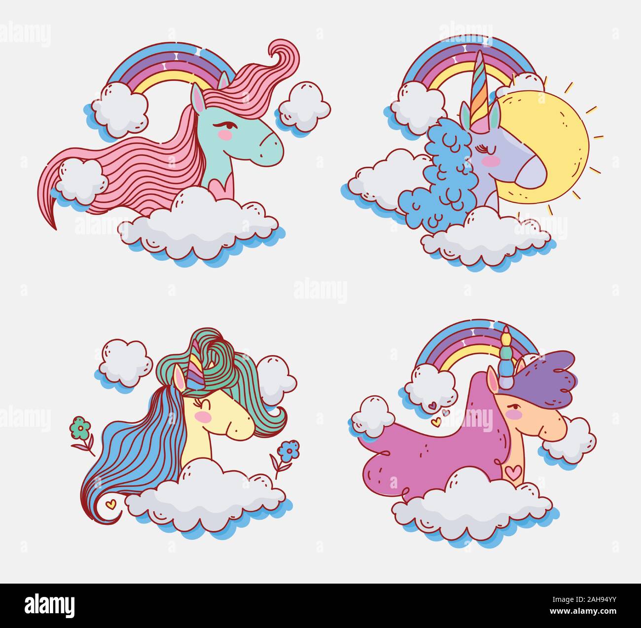 cute unicorns rainbow sunny day sky flowers fantasy magic cartoon ...