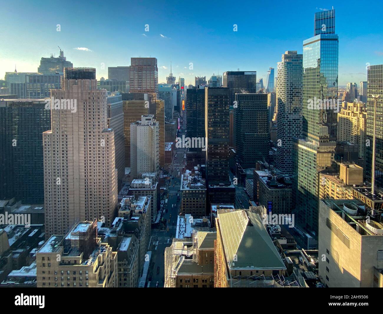 Aerial view of New York City looking from Midtown Manhattan unto Times Square. Stock Photo