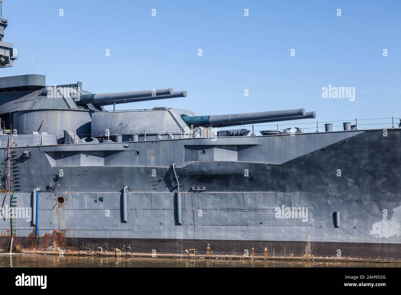 USS Texas Battleship, museum ship at the San Jacinto Battleground State Historic Site near Houston, Texas. The only remaining dreadnought battleship. Stock Photo