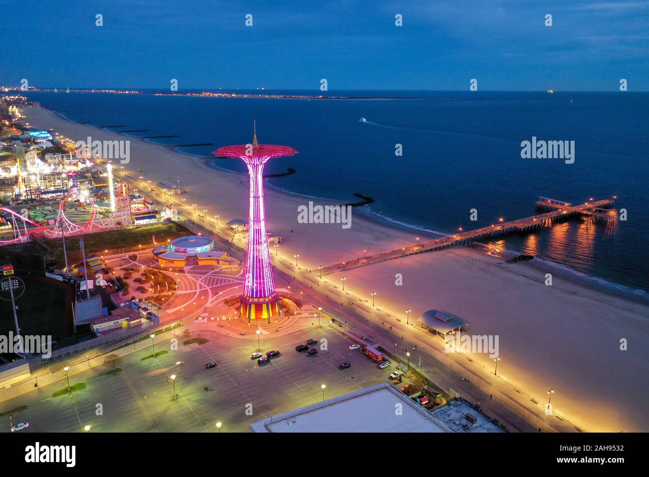 Aerial view along Coney Island and the beach in Brooklyn, New York. Stock Photo