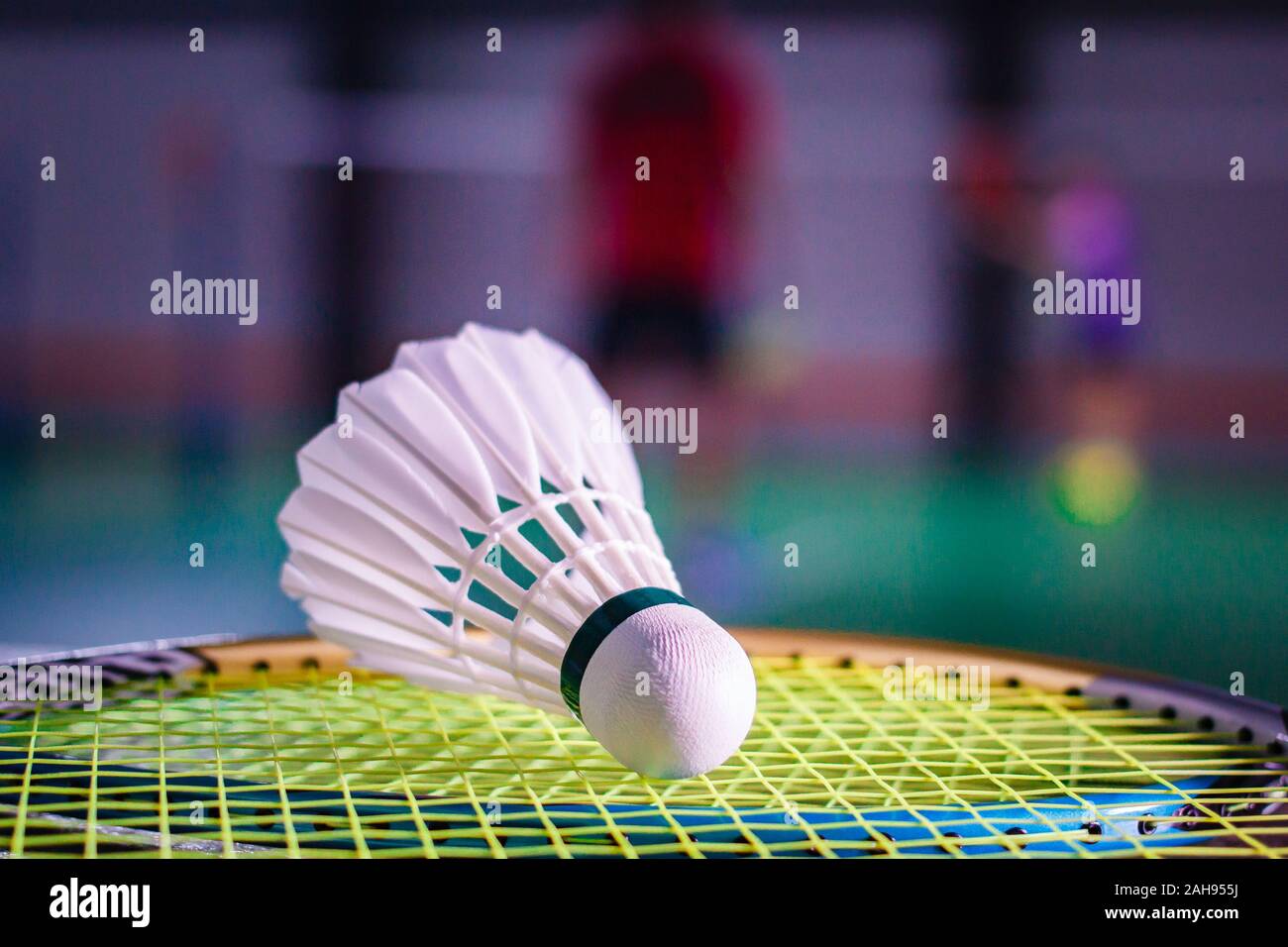 Shuttlecocks and badminton racket on court background Stock Photo Alamy