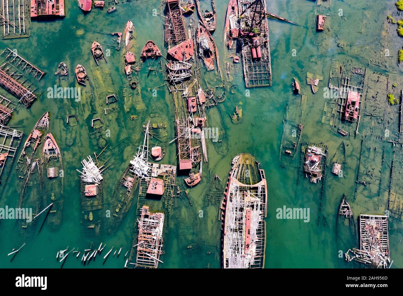 An aerial view from above of abandoned ships at Arthur Kill Boat Graveyard in Staten Island, New York. Stock Photo