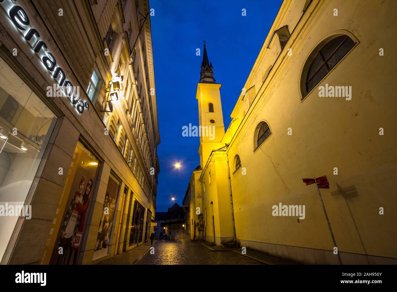 BRNO, CZECHIA - NOVEMBER 5, 2019: Kostel svate mari magdaleny, also called saint mary magdalene church in a Medieval pedestrian narrow street of Brno, Stock Photo