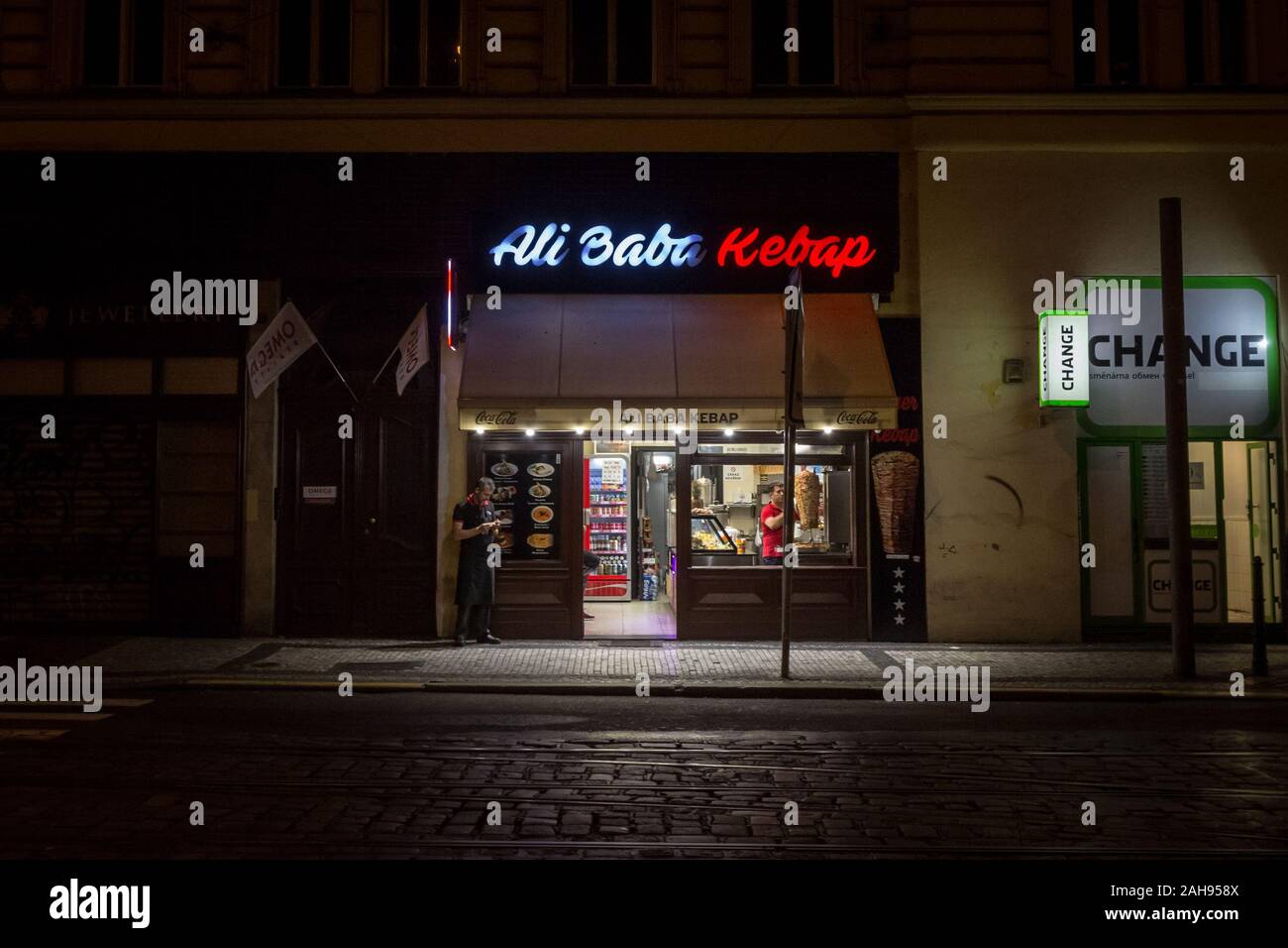 PRAGUE, CZECHIA - NOVEMBER 2, 2019: kebab fast food restaurant at night in the center of Prague. Doner kebap, or gyros, is a typical dish and snak str Stock Photo