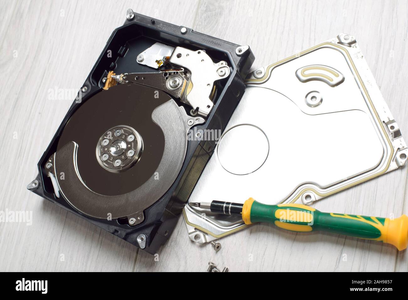 Internal components of the computers hard drive. Repair and maintenance