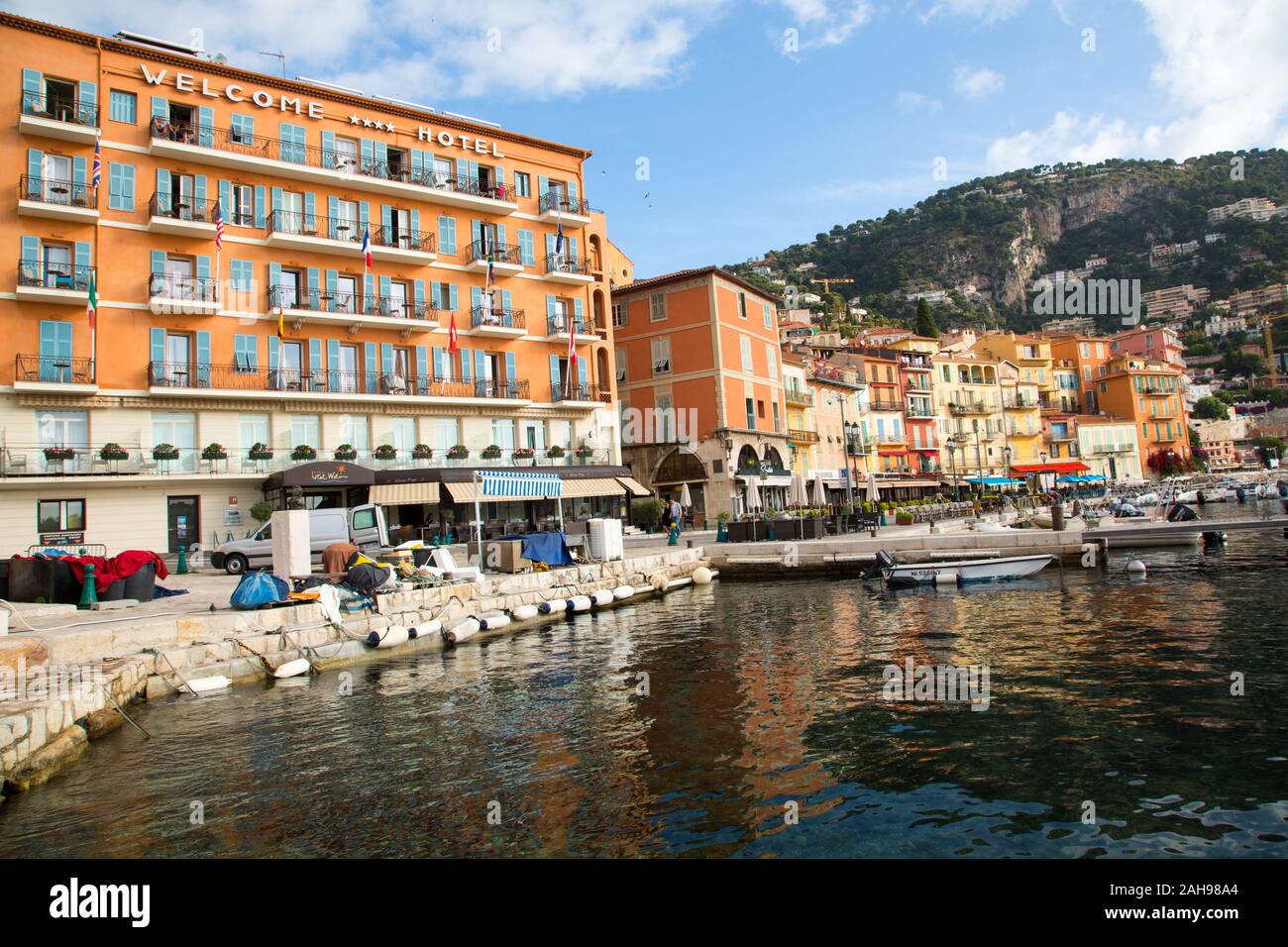 The idyllic French Riviera town of Villefranche-sur-Mer is a popular seaside resort in southern France Stock Photo