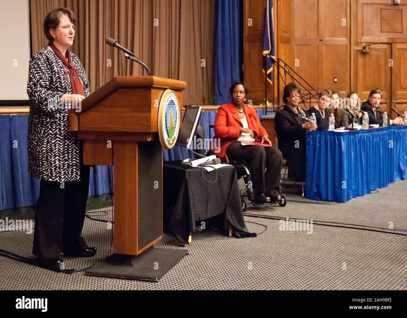 Dr. Kathleen Merrigan, Deputy Secretary addresses U.S. Department of Agriculture employees during National Disability Employment Awareness Month in Washington, DC, Wednesday, October 5, 2011. To Dr. Merrigan’s left are: Carmen Jones, Senior Advisor, Departmental Management the moderator of the USDA Panel of Success: Hiring and Employing Individuals with Disabilities and panel members Elaine Jones, Food and Nutrition Service, Robin Heard, Deputy Assistant Secretary for Administration, Francesca Yabraian, Office of the Deputy Assistant Secretary for Administration, Gari Jo Green, Office of Inspe Stock Photo