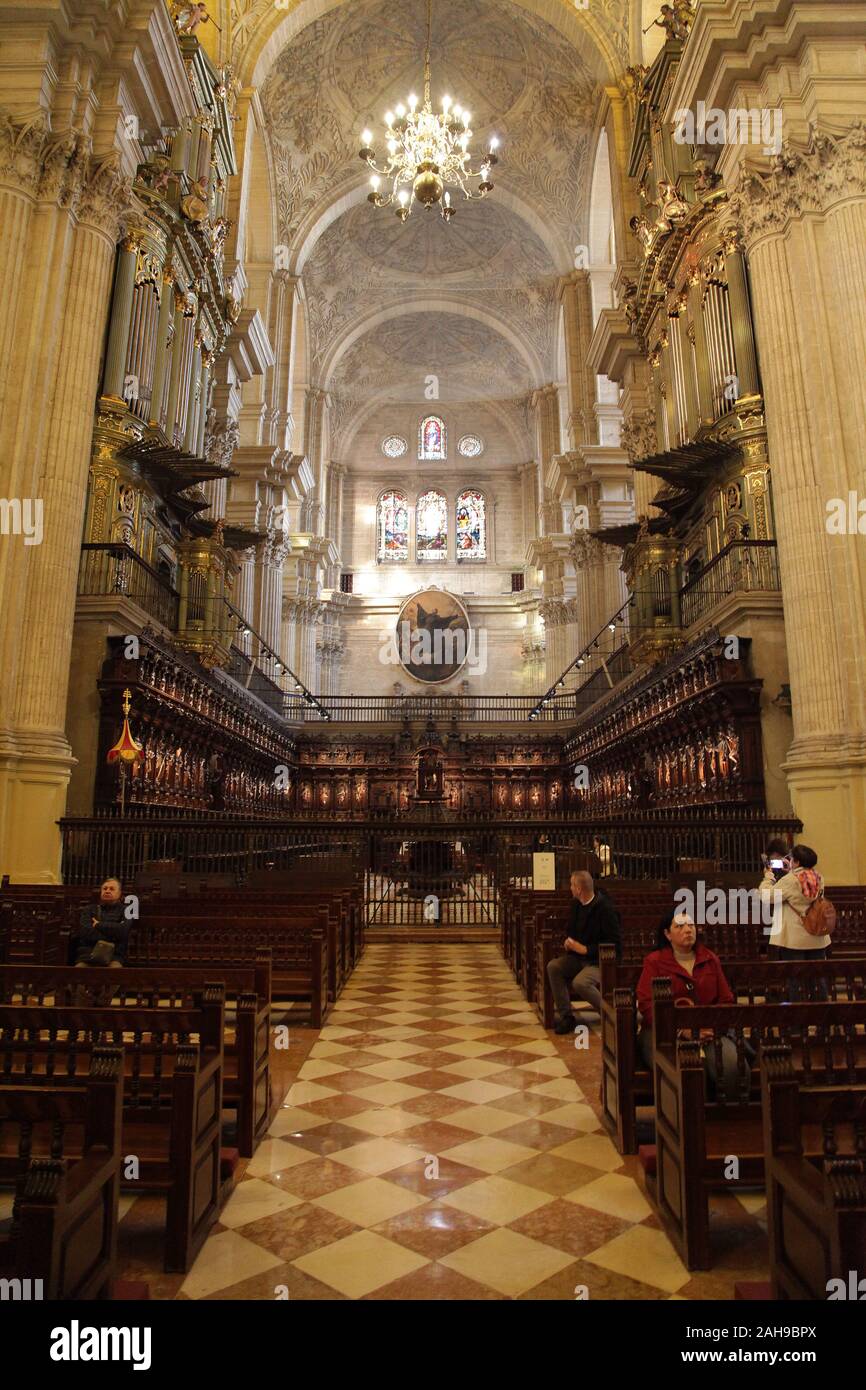 The Choir at the Interior of the Cathedral of Our Lady of Incarnation / "the Cathedral" in the city centre Malaga Costa del Sol Andalucia Spain Stock Photo