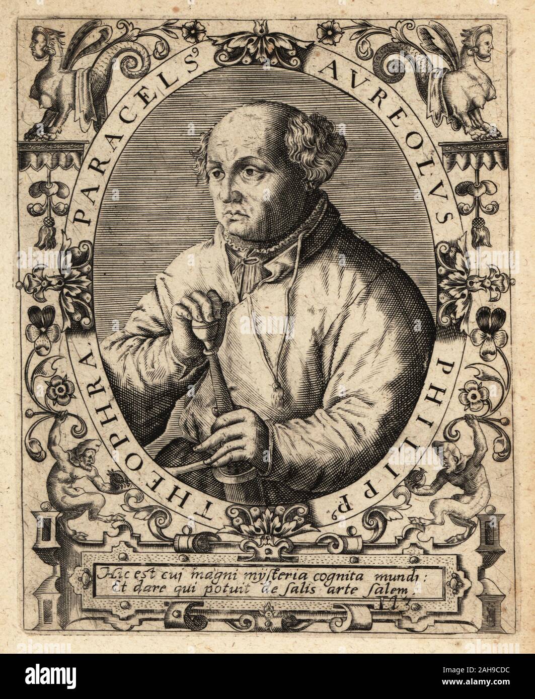 Paracelsus, Swiss physician, alchemist and astrologer, 1494-1541. Paracelsus Aureolus Philippus Theophra. Copperplate engraving by Johann Theodore de Bry from Jean-Jacques Boissard’s Bibliotheca Chalcographica, Johann Ammonius, Frankfurt, 1650. Stock Photo