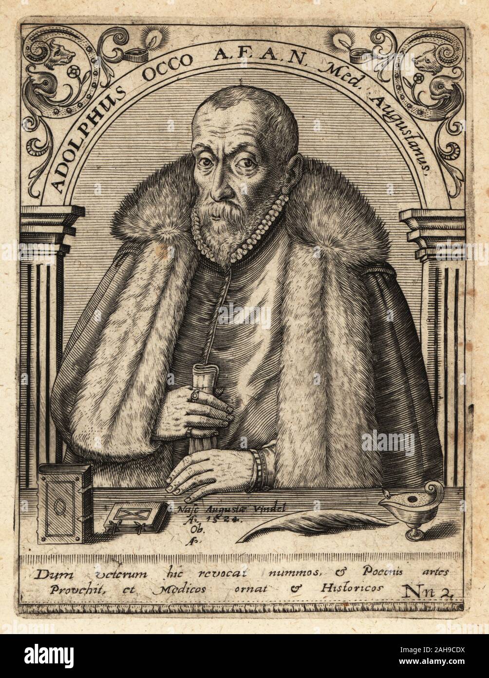 Adolphe Occo or Adolf Occo, physician, humanist and numistatist, 1524-1606. Adolphus Occo A.F.A.N. Medicus Augustanus. Copperplate engraving by Johann Theodore de Bry from Jean-Jacques Boissard’s Bibliotheca Chalcographica, Johann Ammonius, Frankfurt, 1650. Stock Photo