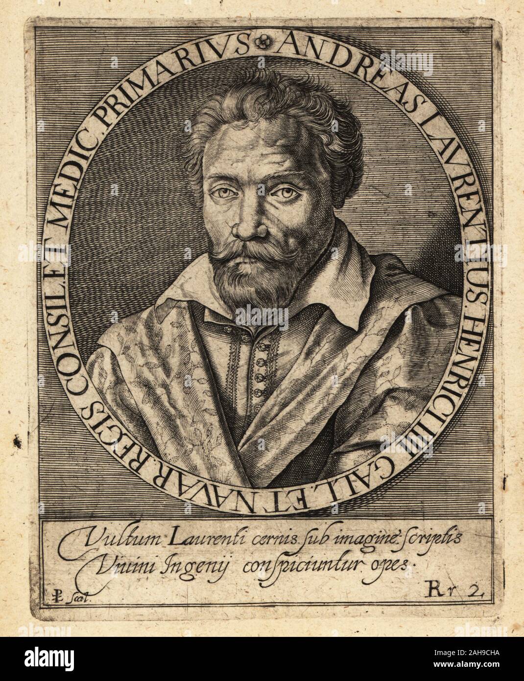 Andre du Laurens, French physician to King Henry IV, 1558-1609. Andreas Lavrentius, Henrici IIII Gall et Navar Regis Consilet Medicus Primarius. Copperplate engraving by Johann Theodore de Bry from Jean-Jacques Boissard’s Bibliotheca Chalcographica, Johann Ammonius, Frankfurt, 1650. Stock Photo