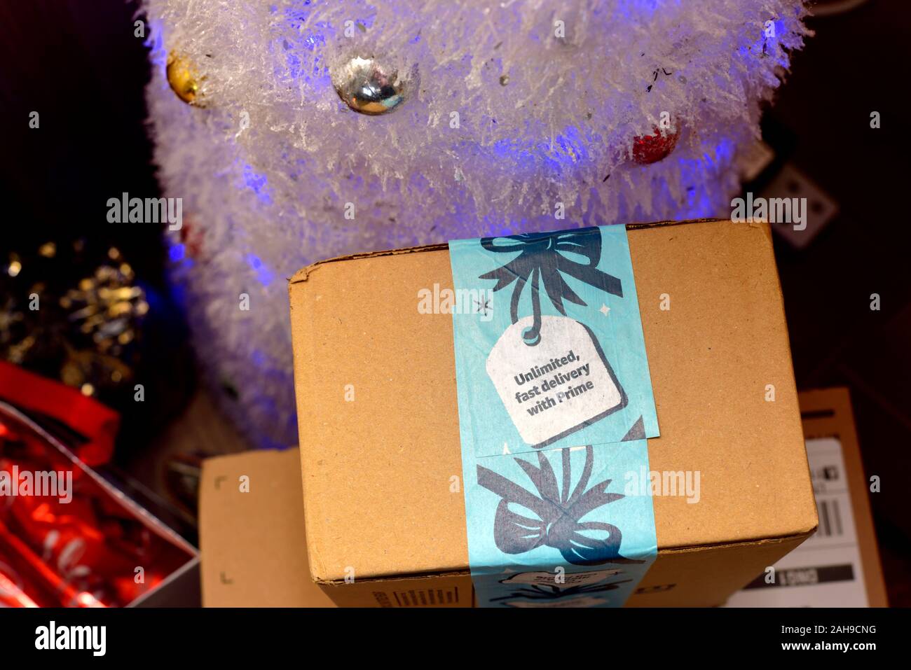 Amazon prime parcels at Christmas Stock Photo Alamy