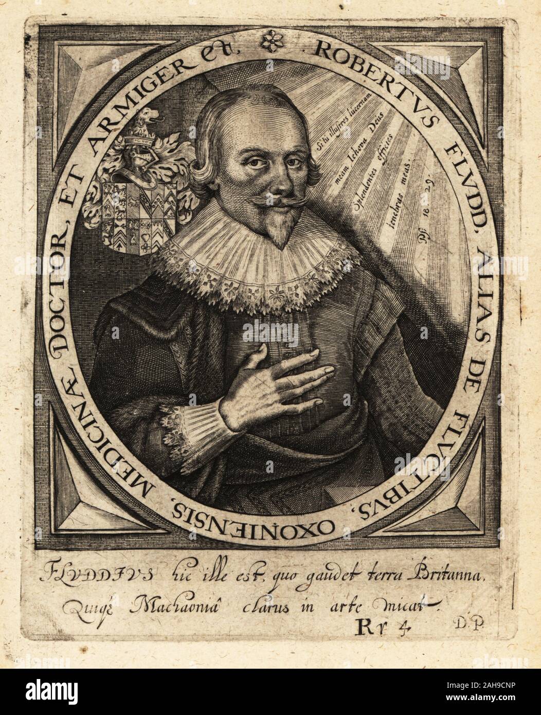 Robert Fludd, English Paracelsian physician, astrologer, mathematician, cosmologist, Qabalist and Rosicrucian apologist, 1574-1637. Robertus Fludd alias de Fluctibus, Oxoniensis Medicinae Doctor et Armiger. Copperplate engraving by Johann Theodore de Bry from Jean-Jacques Boissard’s Bibliotheca Chalcographica, Johann Ammonius, Frankfurt, 1650. Stock Photo