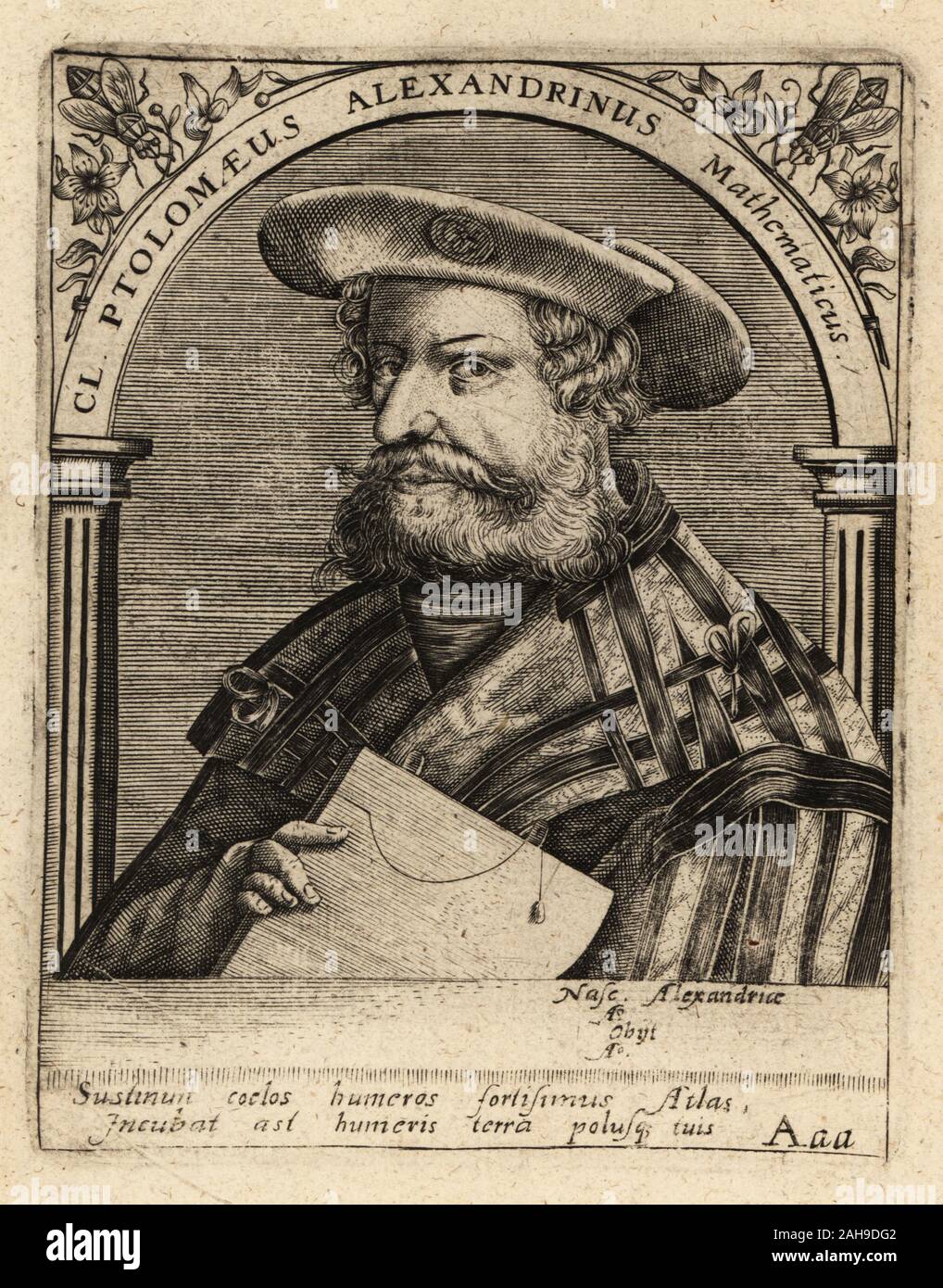 Nicolaus Germanus, German cartographer who published an edition of Jacopo d'Angelo's Latin translation of Ptolemy's Geography, c1420-1490. CL Ptolomaeus Alexandrinus Mathematicus. Copperplate engraving by Johann Theodore de Bry from Jean-Jacques Boissard’s Bibliotheca Chalcographica, Johann Ammonius, Frankfurt, 1650. Stock Photo