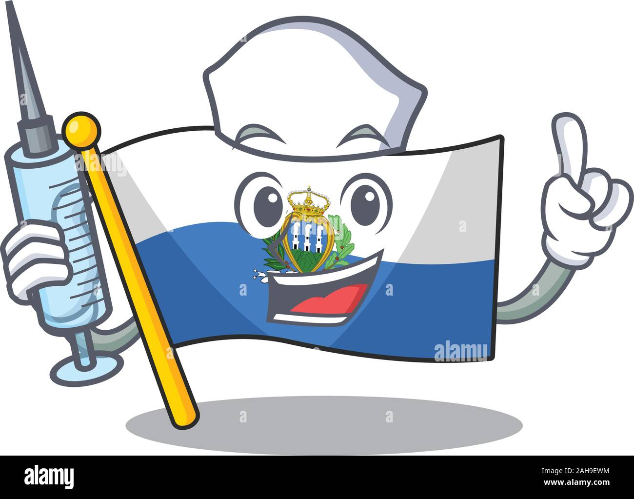 Hospitable Cute Nurse flag san marino Scroll cartoon style holding syringe Stock Vector