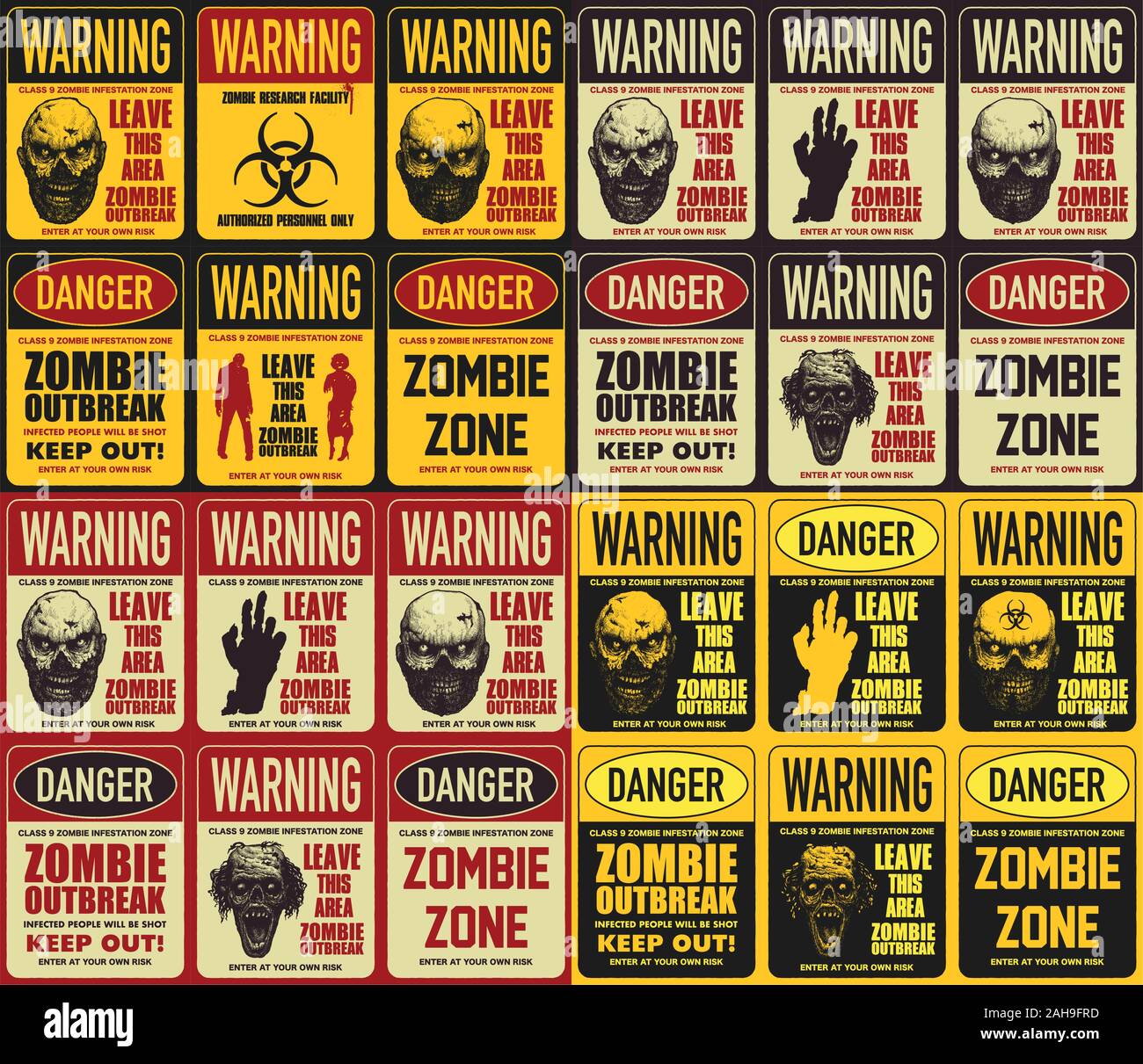 Zombie attention beware and caution sign set. Stock Vector