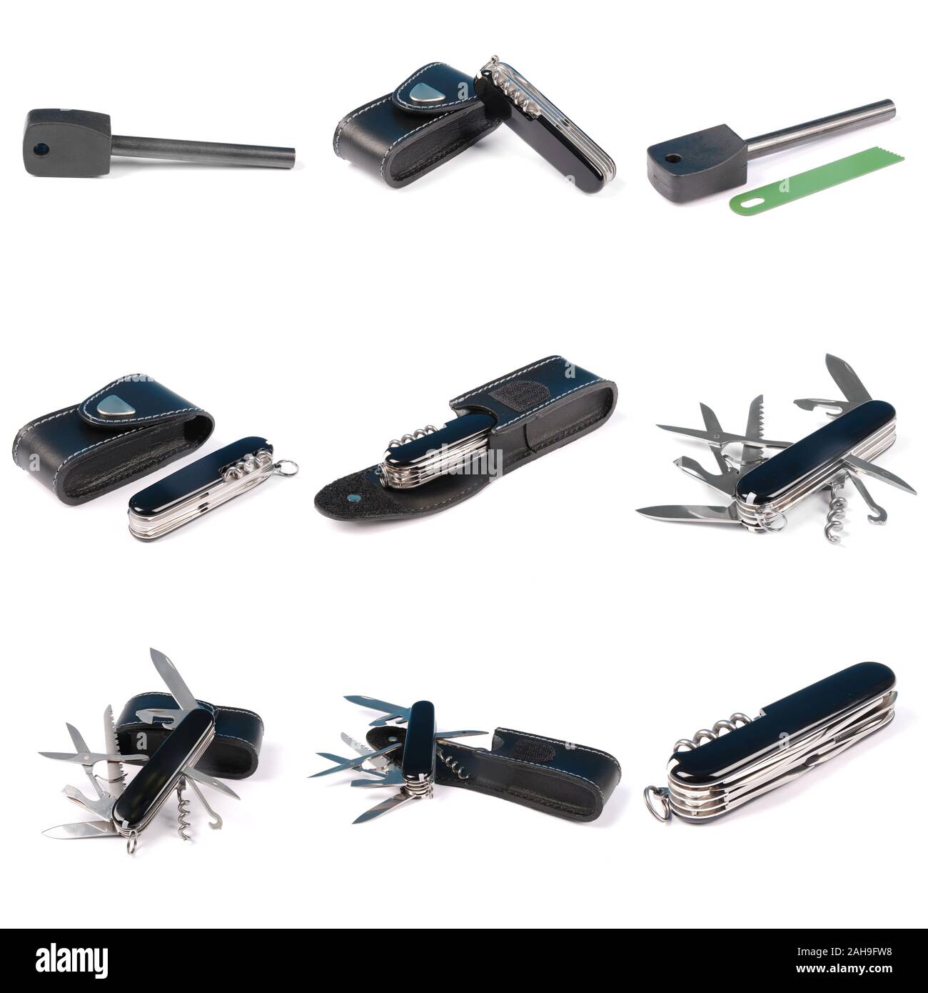 Black army knife, flint fire steel and a brace isolated on a white